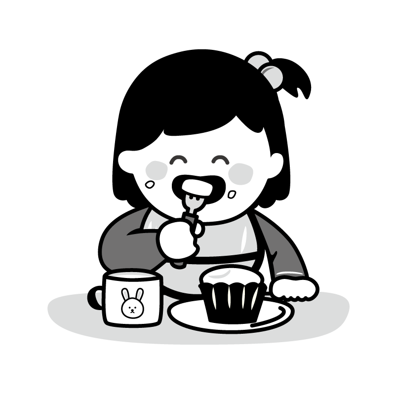 おやつを食べる女の子の乳児さんのイラスト（白黒）