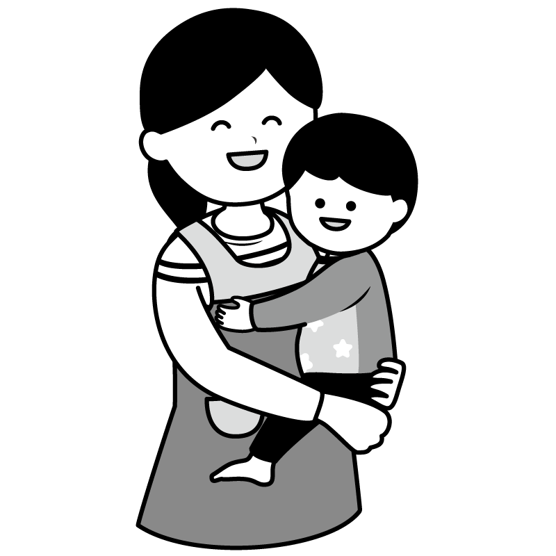 子どもを抱っこする保育士さん（白黒）