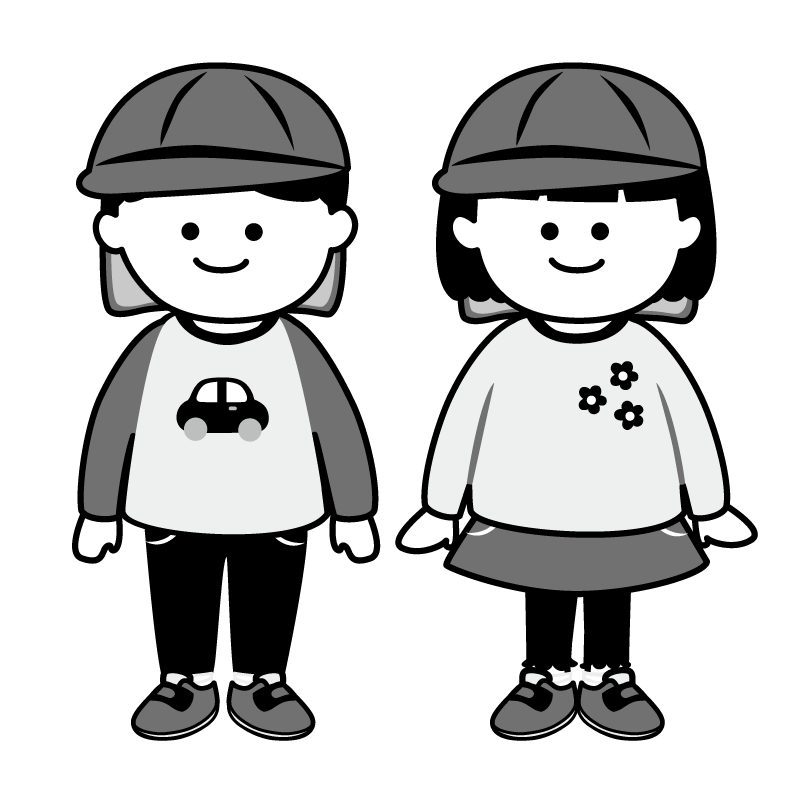 体育帽をかぶった子ども達のイラスト（白黒）